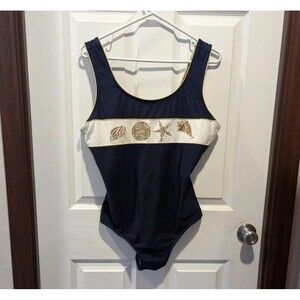 Vintage Le Cove 18W One Piece Navy White & Gold Nautical Swimsuit
